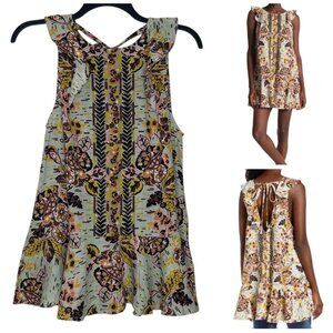 Free People Womens Mini Dress Size XS Foral Linen Blend Back Tie Botanical Print